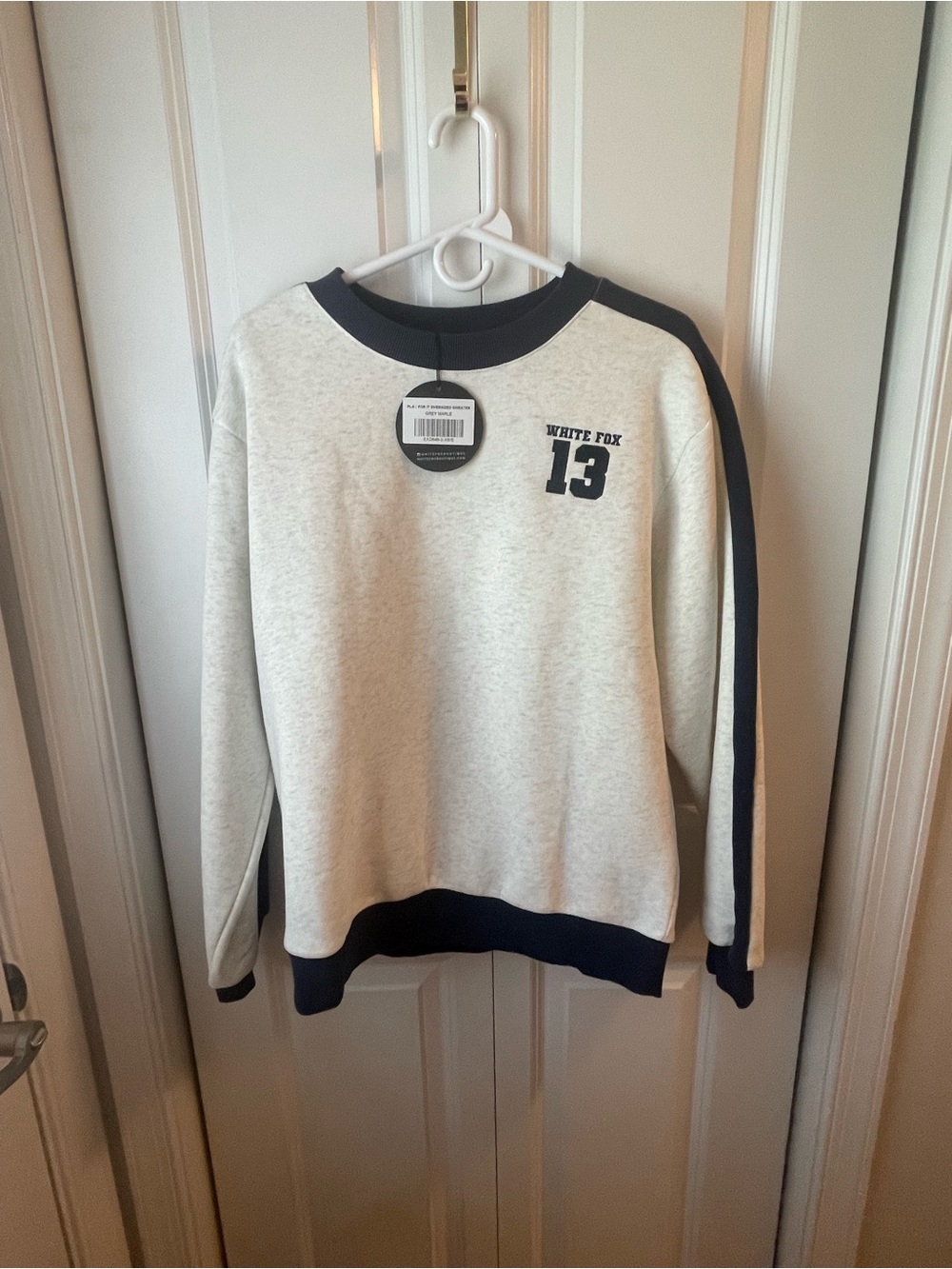 White Fox Boutique Cream Crewneck Sweater with Navy Trim